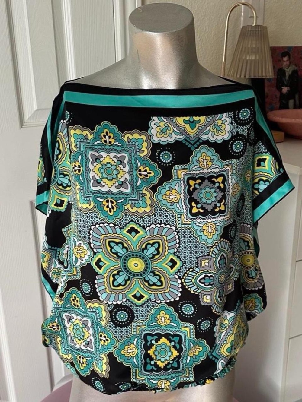 Vintage My Michelle Black Turquoise & Yellow Smocked Batwing Style Top